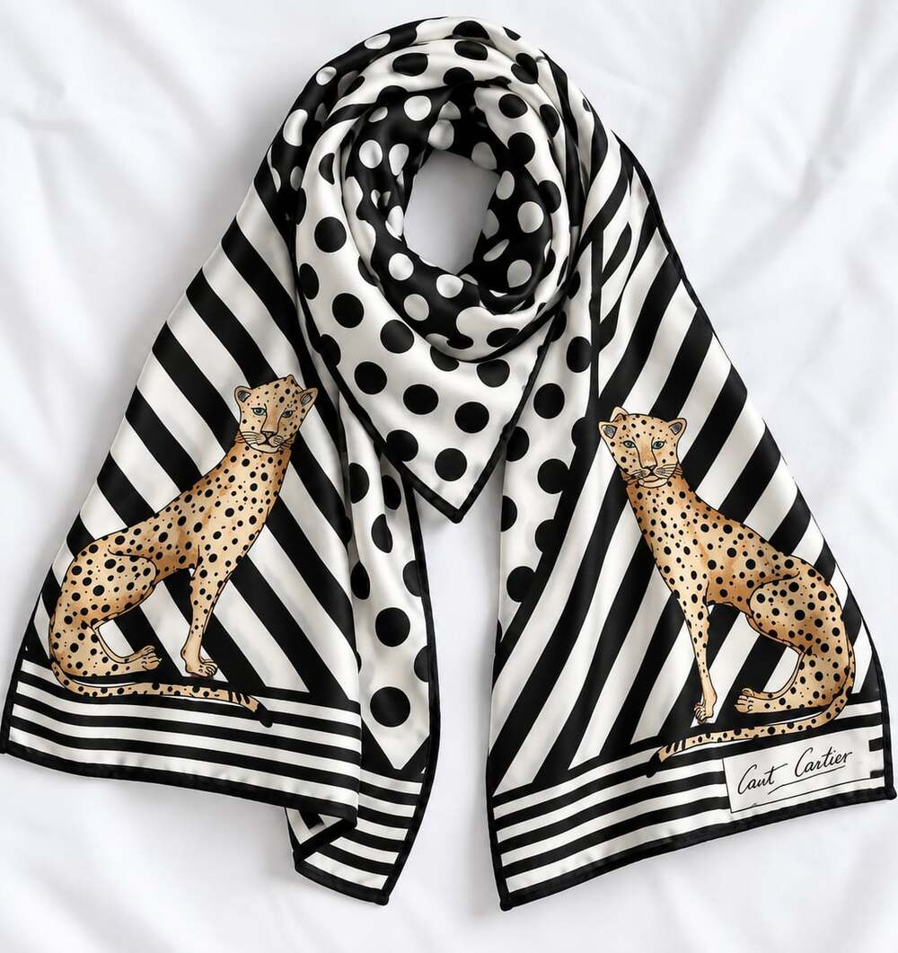 Gant Gailther  Black White Polka Dot Striped Cheetah Silk Scarf